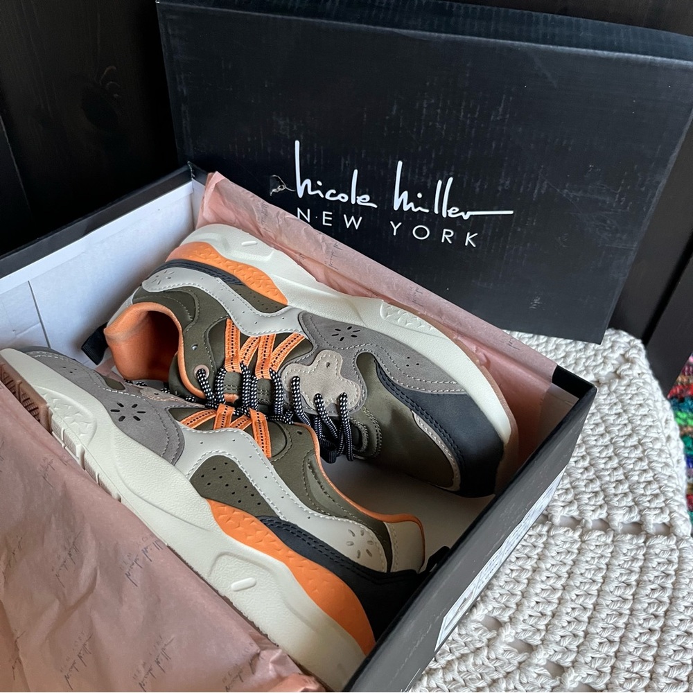 NIB NICOLE MILLER Olive Multi Flown Sneakers Color Block Retro size 9 - Picture 14 of 16